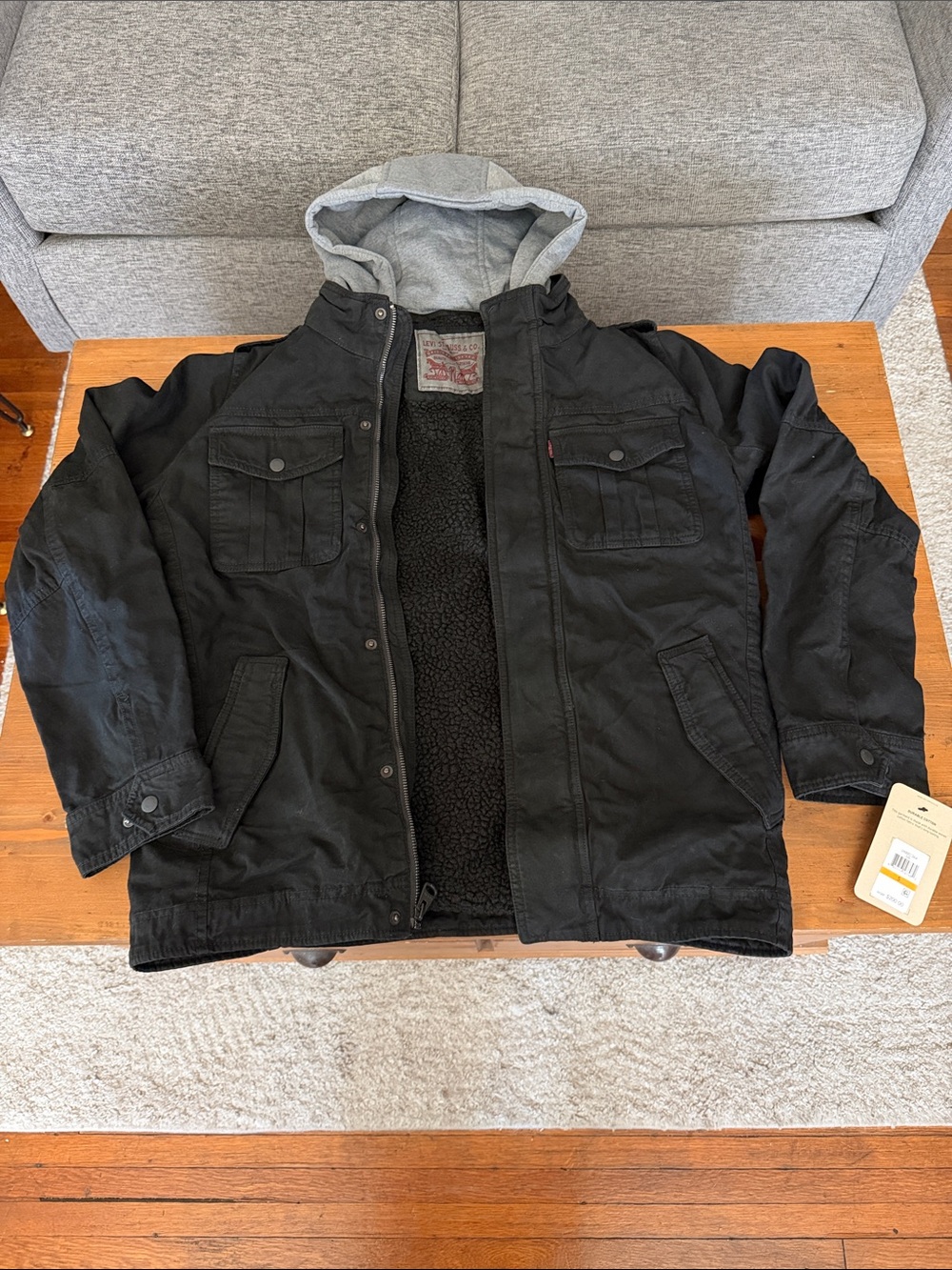 Black Men's Hooded Sherpa-Lined Levi Jacket